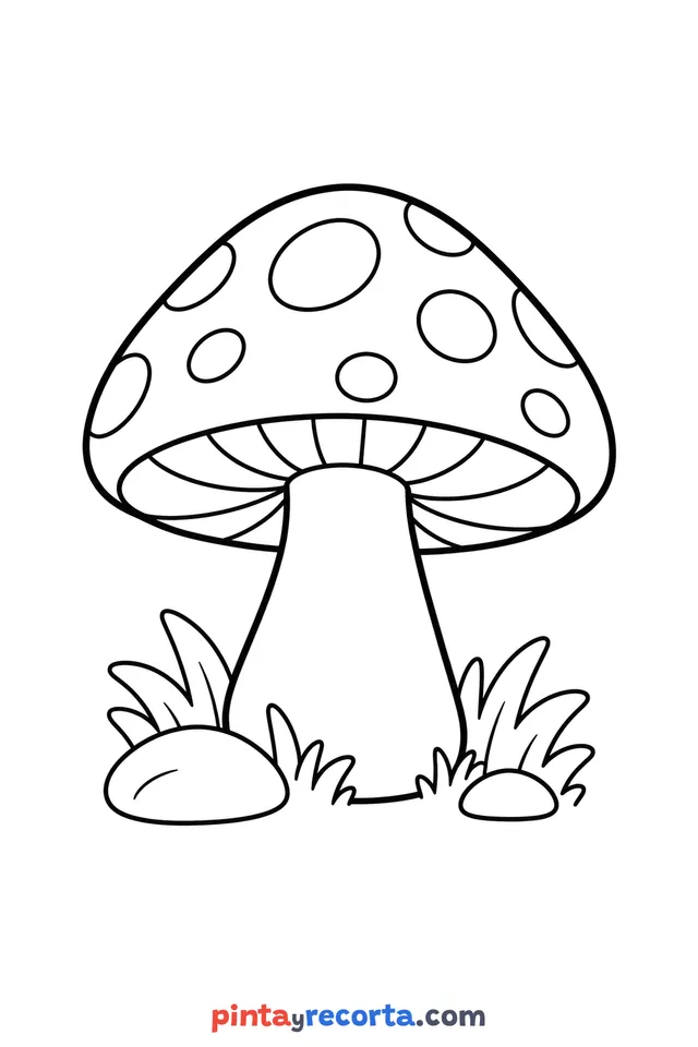 Dibujo de hongo para colorear como protagonista de la hoja, nivel básico con trazos gruesos y áreas grandes