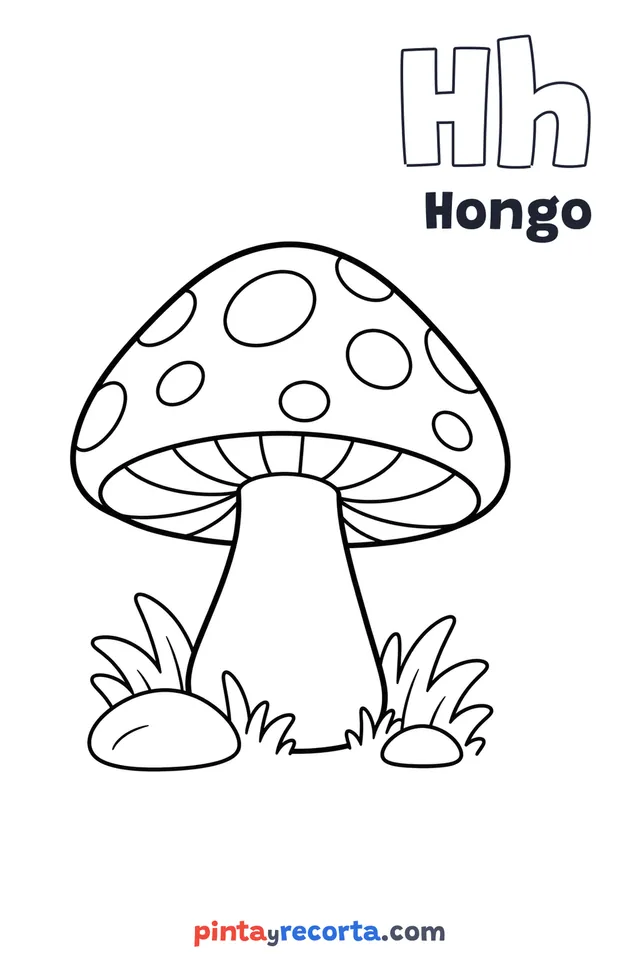 Dibujo de hongo para colorear con la letra Hh y la palabra Hongo, nivel básico