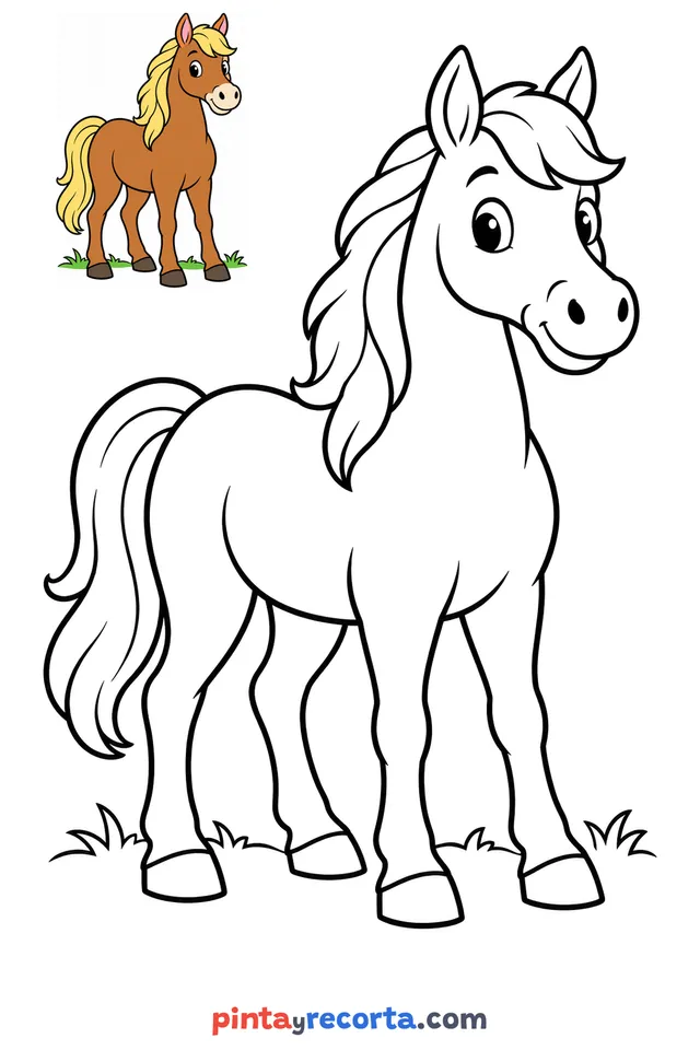 Horse coloring page with a small color guide, easy level
