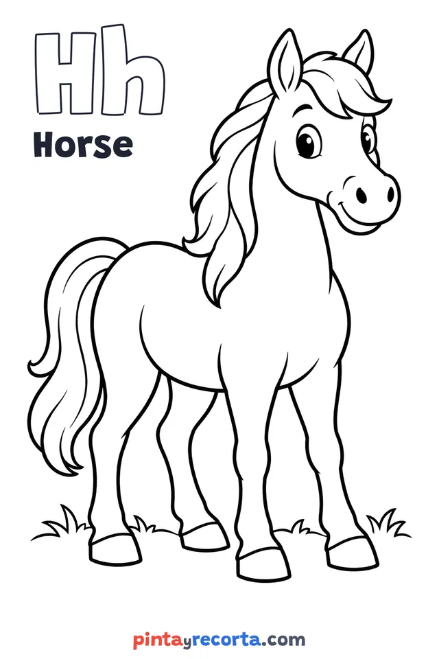 Horse coloring page with the letter Hh and the word Horse, easy level