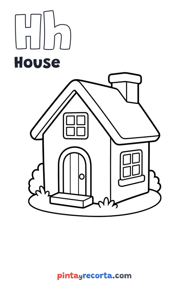 House coloring page with the letter Hh and the word House, easy level