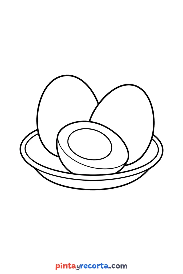 Dibujo de huevo para colorear sobre un plato, nivel básico con trazos gruesos y áreas grandes