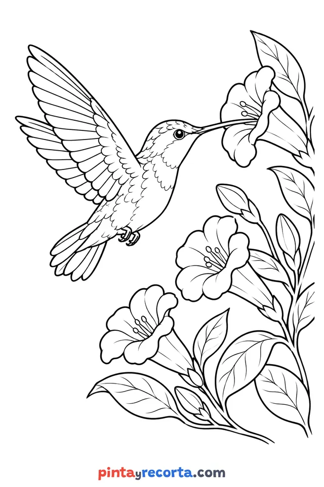Hummingbird coloring page among a cluster of trumpet flowers and leaves, advanced level with a full scene