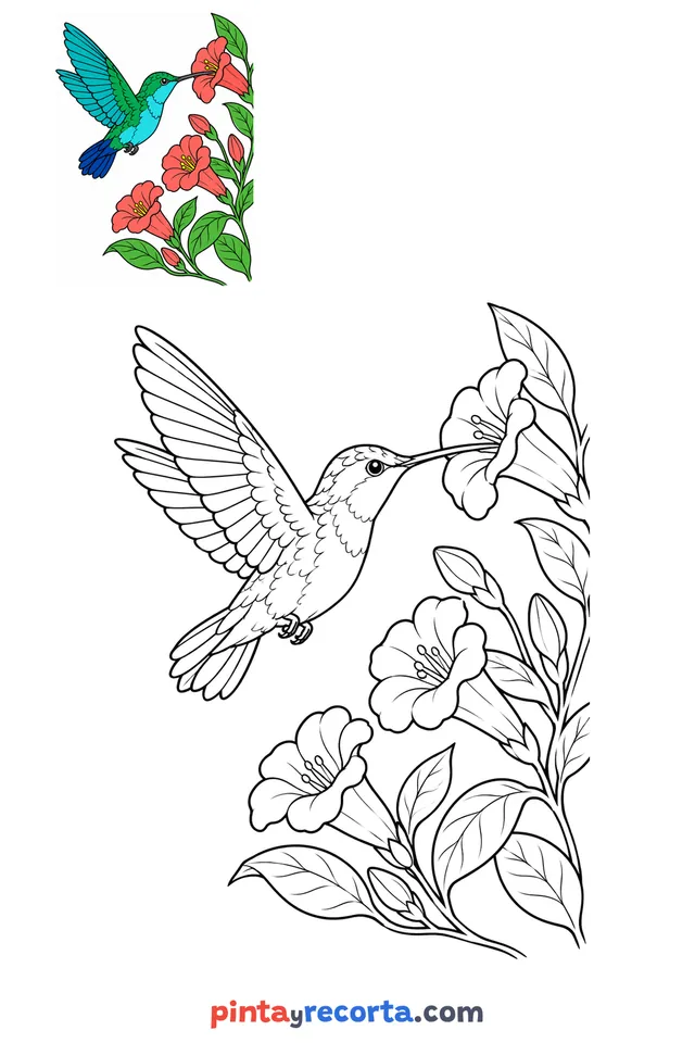 Hummingbird coloring page with a small color guide, advanced level
