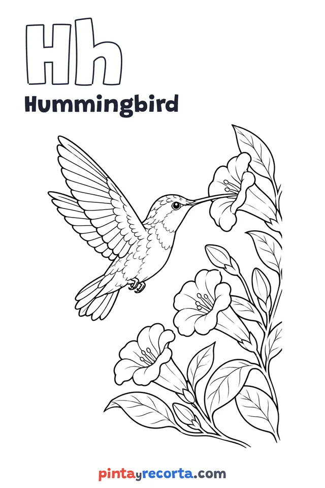 Hummingbird coloring page with the letter Hh and the word Hummingbird, advanced level