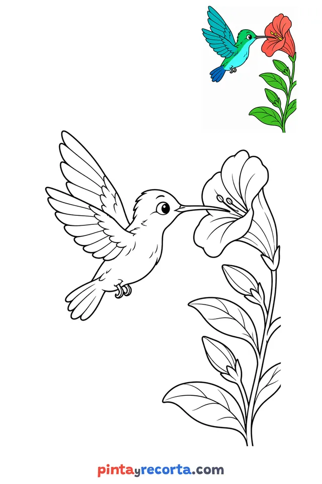 Hummingbird coloring page with a small color guide, medium level