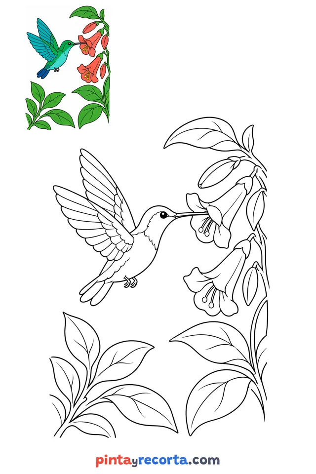 Hummingbird coloring page with a small color guide, advanced level