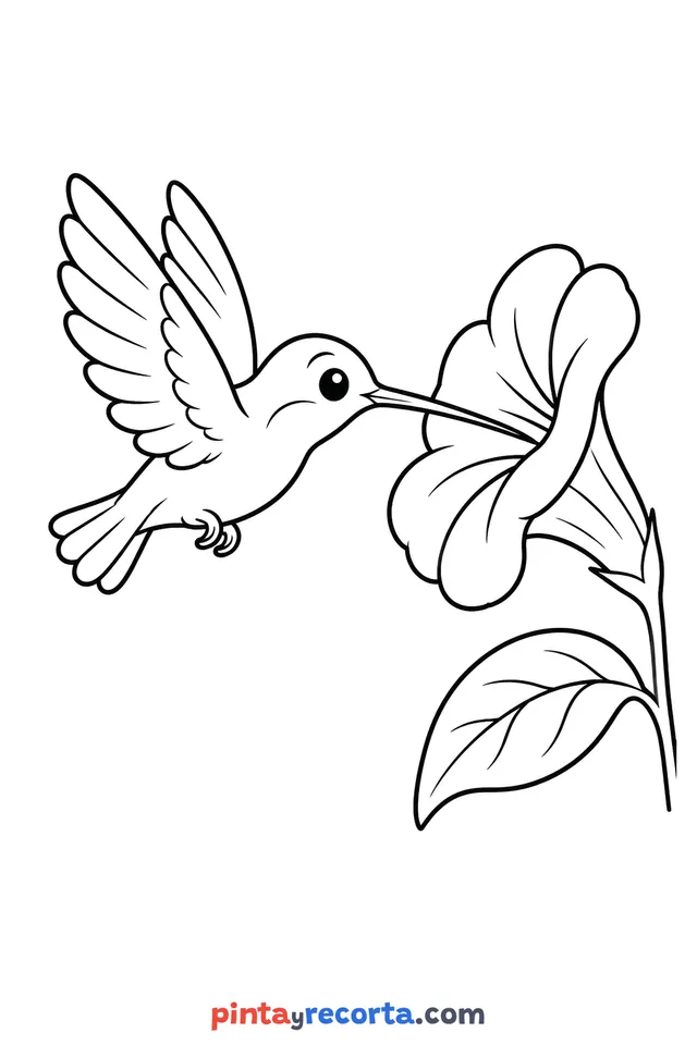 Hummingbird coloring page with open wings in front of a large flower, easy level with thick lines and large areas