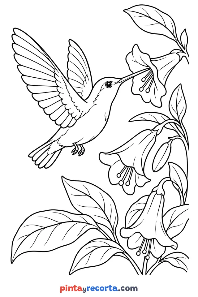 Hummingbird coloring page beside hanging flowers and large leaves, medium level with moderate detail