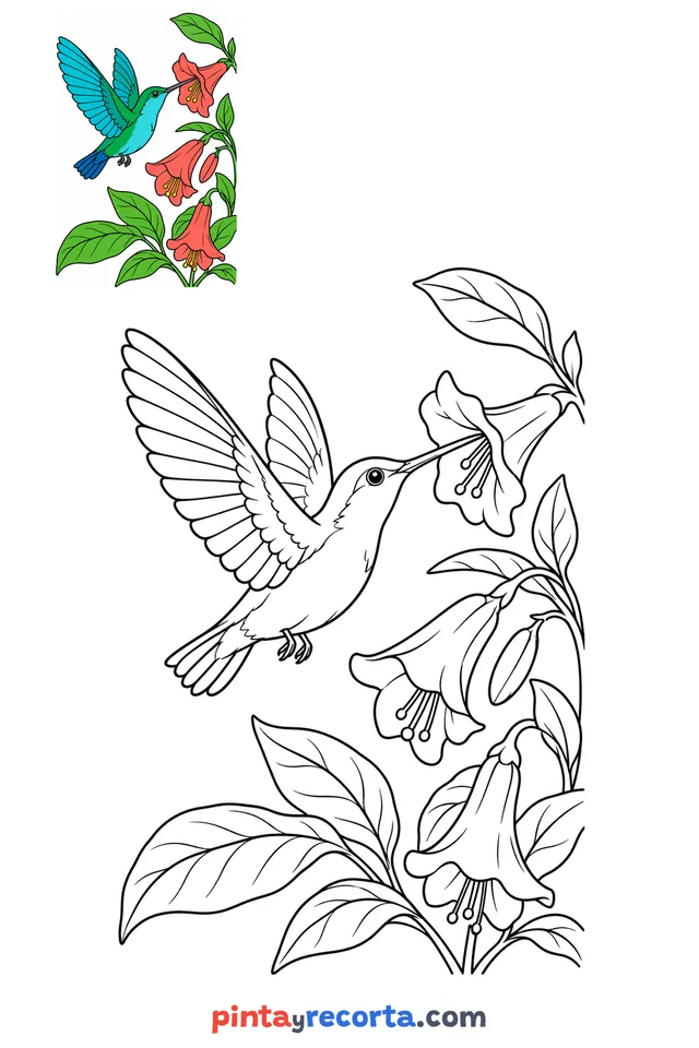 Hummingbird coloring page with a small color guide, medium level
