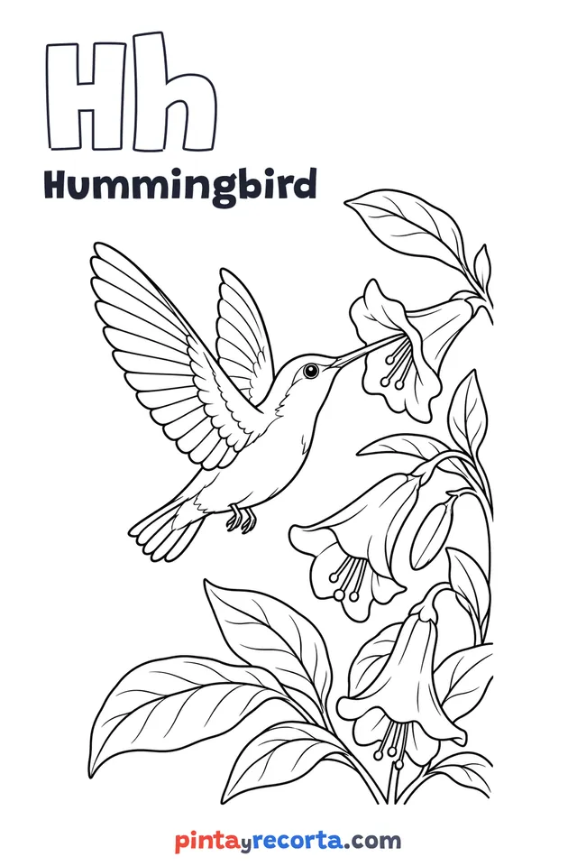 Hummingbird coloring page with the letter Hh and the word Hummingbird, medium level