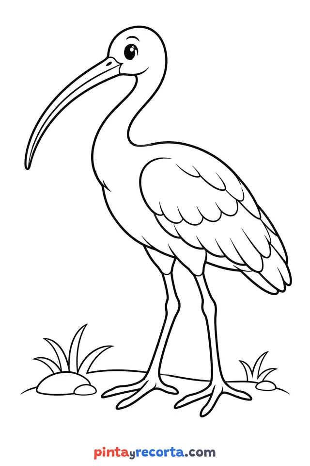 Dibujo de ibis para colorear de cuerpo completo en pose tranquila, nivel básico con trazos gruesos y áreas grandes