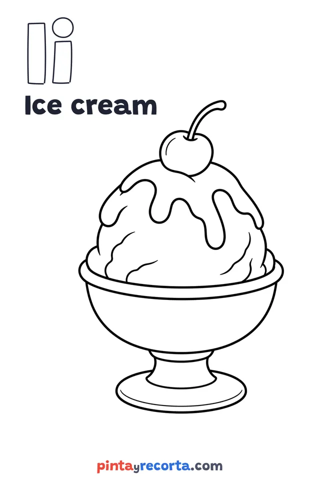 Ice cream coloring page with the letter Ii and the word Ice cream, easy level