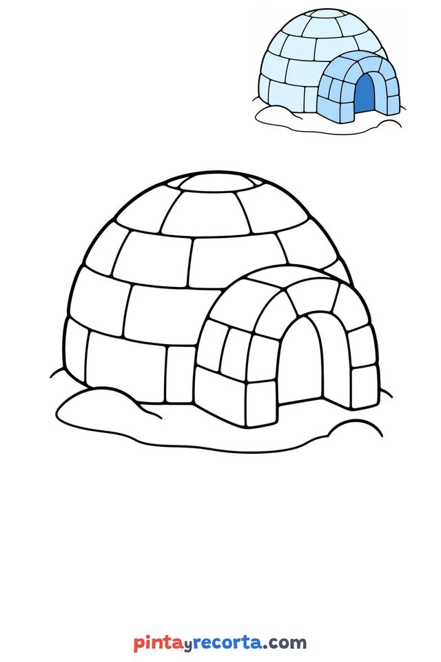 Igloo coloring page with a small color guide, easy level