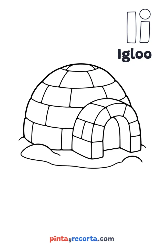 Igloo coloring page with the letter Ii and the word Igloo, easy level
