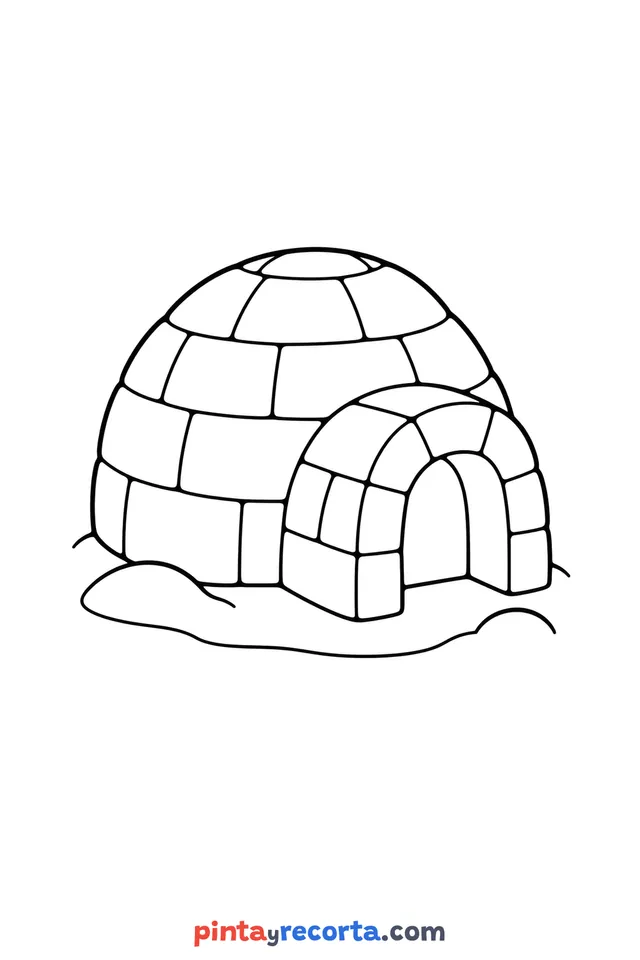 Dibujo de iglú para colorear en vista de tres cuartos, nivel básico con trazos gruesos y áreas grandes