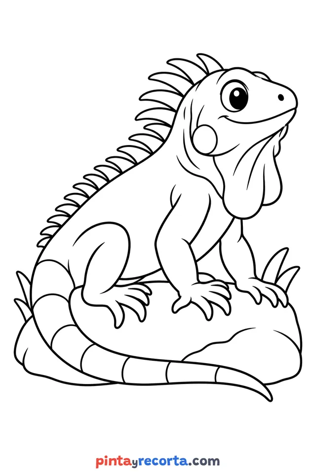 Iguana coloring page: full body in a calm pose, easy level with thick outlines and big spaces