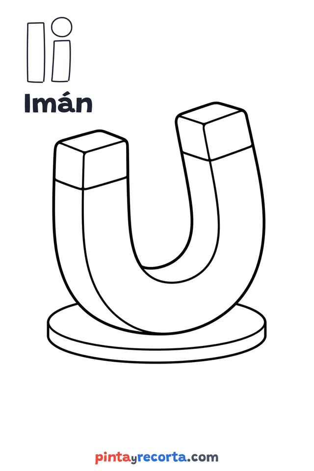 Dibujo de imán para colorear con la letra Ii y la palabra Imán, nivel básico