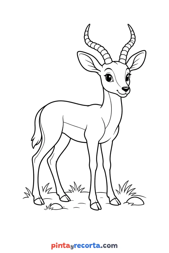 Dibujo de impala para colorear de cuerpo completo en pose tranquila, nivel básico con trazos gruesos y áreas grandes