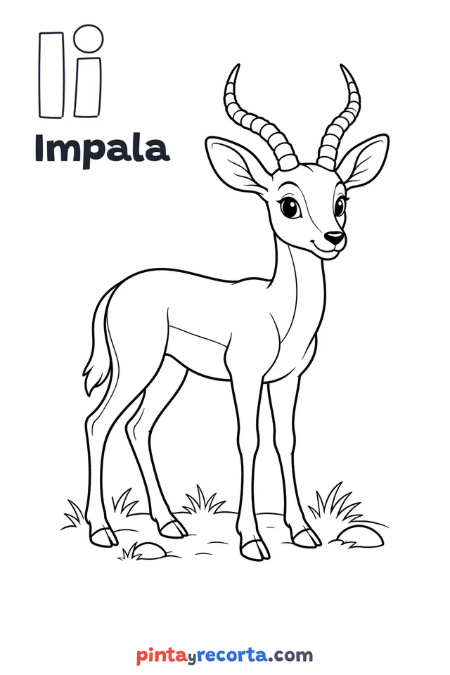 Dibujo de impala para colorear con la letra Ii y la palabra Impala, nivel básico