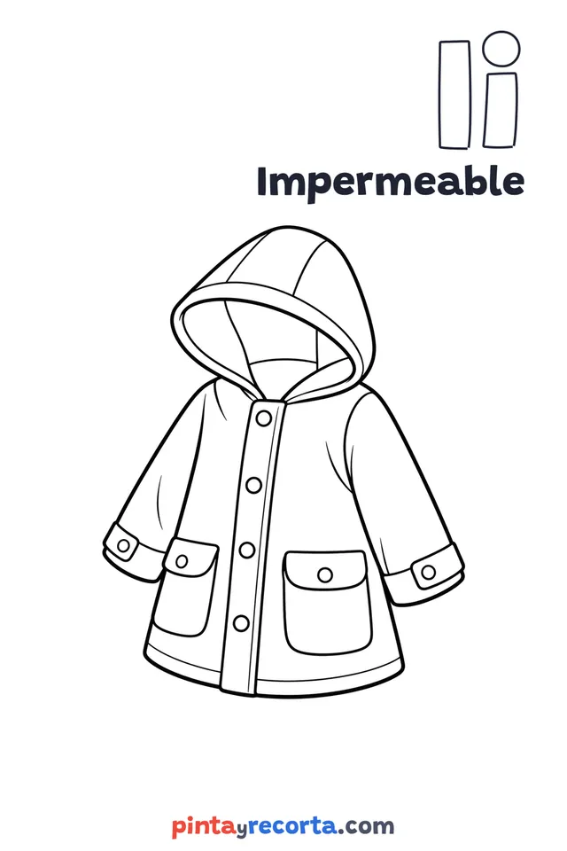 Dibujo de impermeable para colorear con la letra Ii y la palabra Impermeable, nivel básico