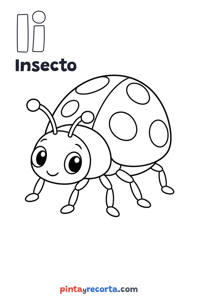 Dibujo de insecto para colorear con la letra Ii y la palabra Insecto, nivel básico