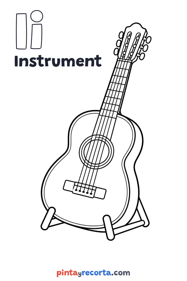 Instrument coloring page with the letter Ii and the word Instrument, easy level
