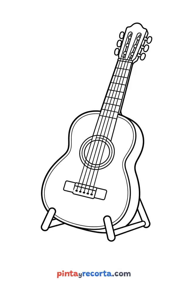 Dibujo de instrumento para colorear con una guitarra apoyada en su soporte, nivel básico con trazos gruesos y áreas grandes