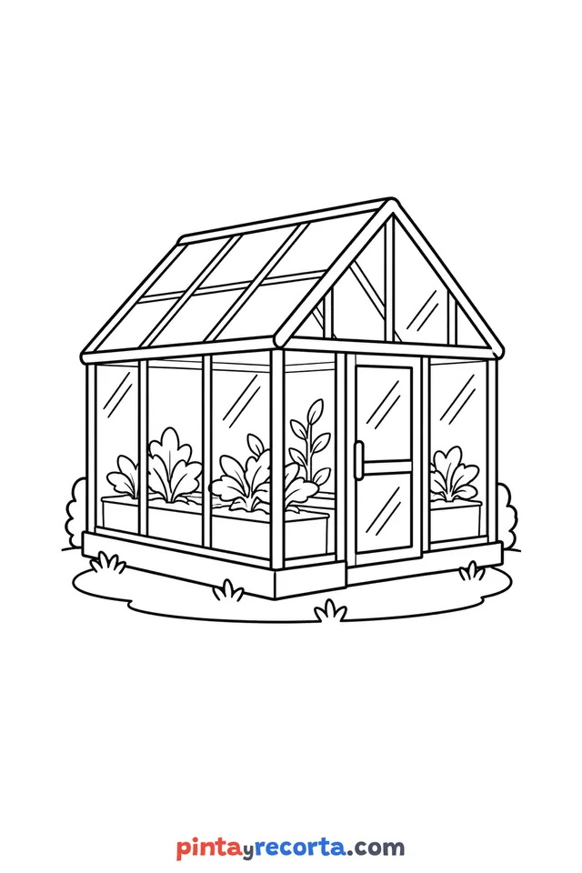 Dibujo de invernadero para colorear con sus paredes de vidrio y plantas creciendo adentro, nivel básico con trazos gruesos y áreas grandes