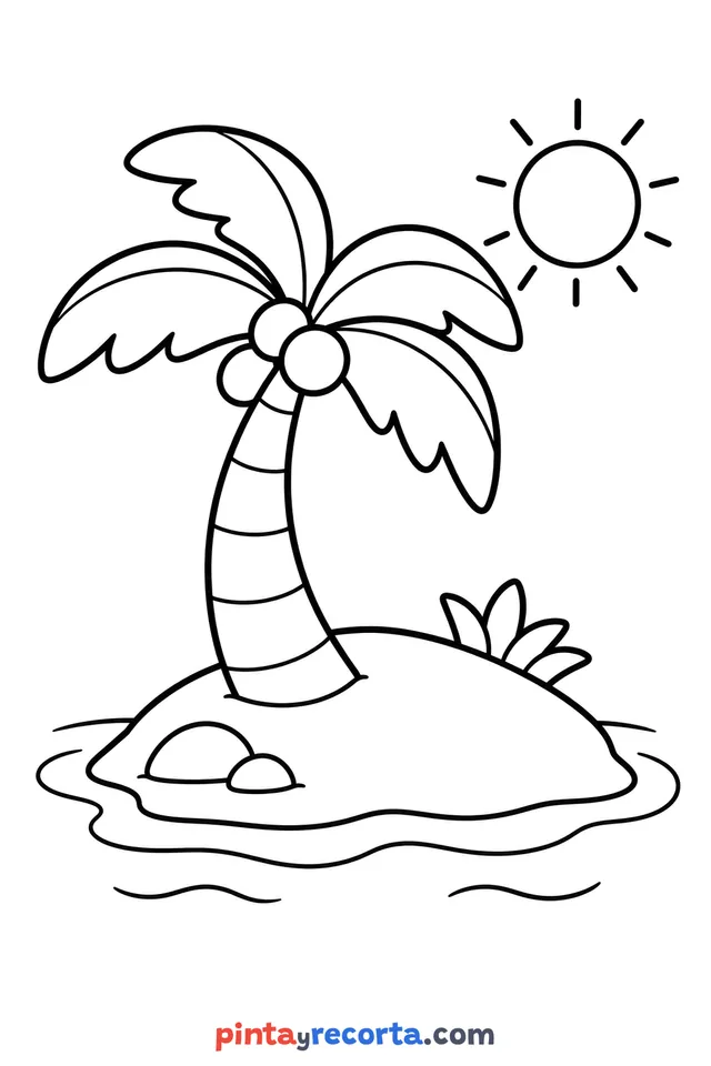 Island coloring page: as the star of the page, easy level with thick outlines and big spaces