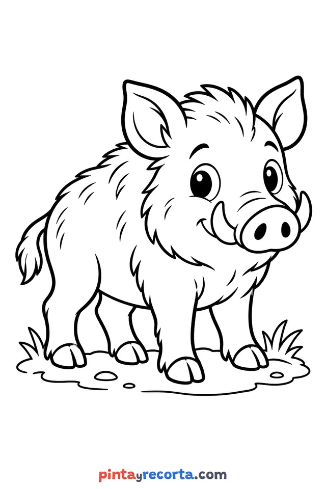 Dibujo de jabalí para colorear de cuerpo completo en pose tranquila, nivel básico con trazos gruesos y áreas grandes