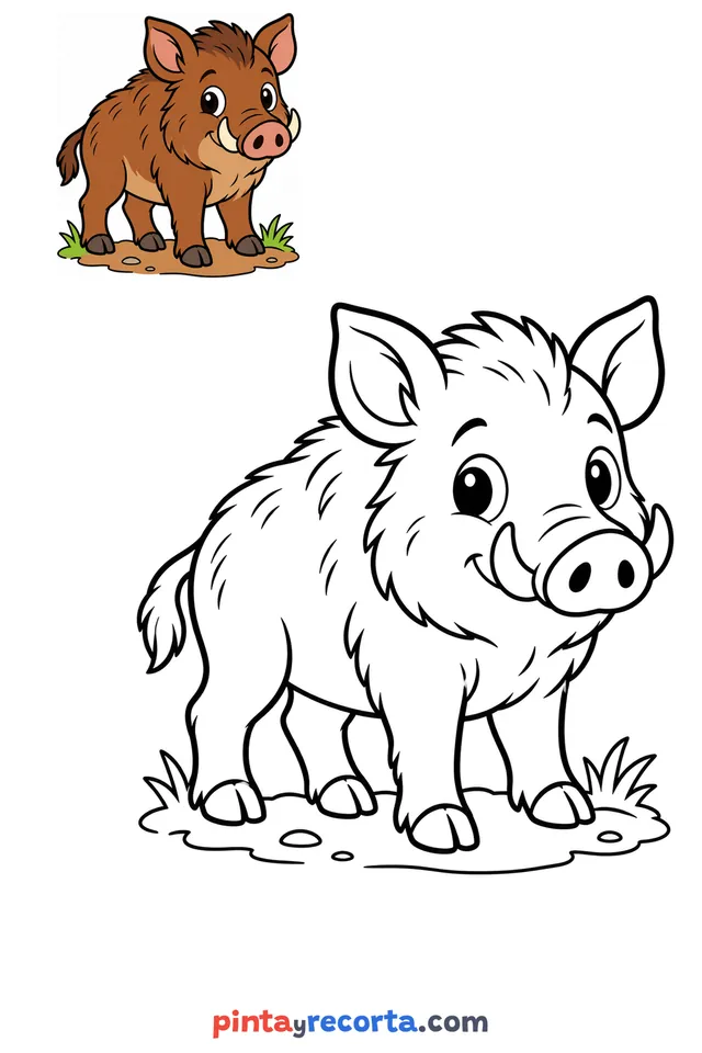 Dibujo de jabalí para colorear con una guía de color en miniatura, nivel básico