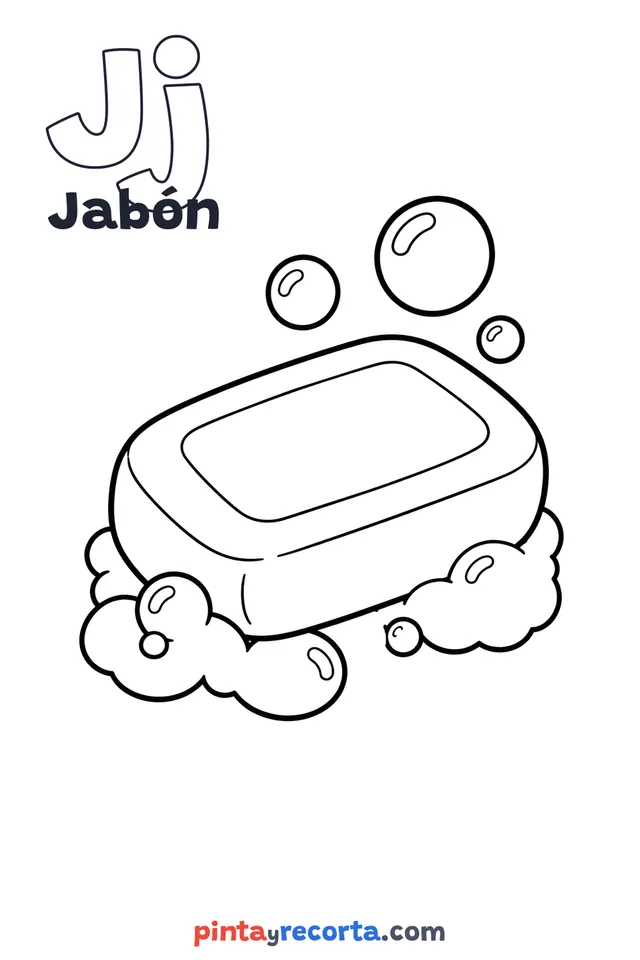 Dibujo de jabón para colorear con la letra Jj y la palabra Jabón, nivel básico