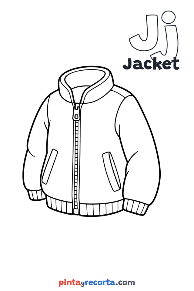 Jacket coloring page with the letter Jj and the word Jacket, easy level