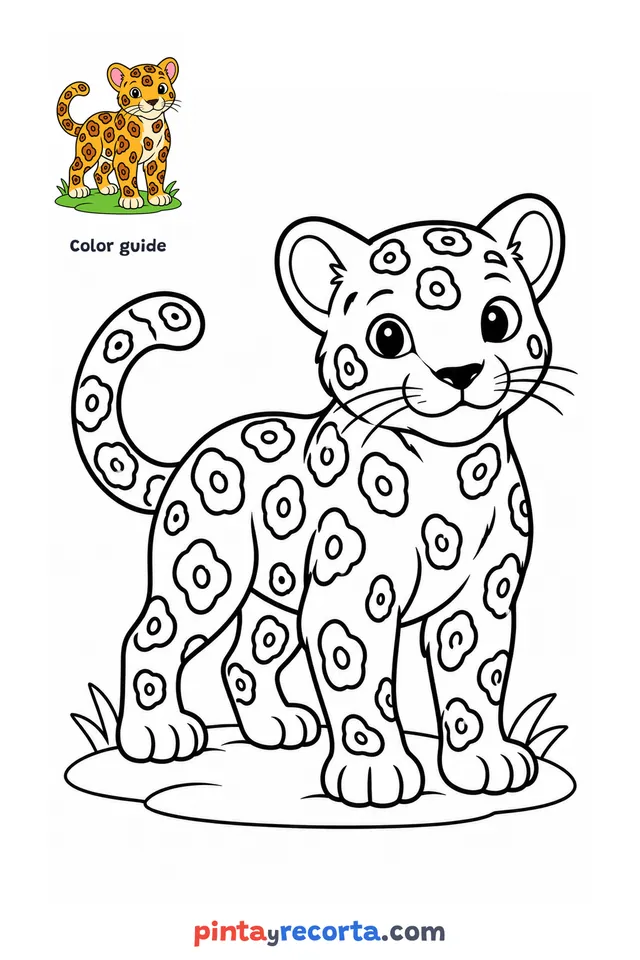 Jaguar coloring page with a small color guide, easy level
