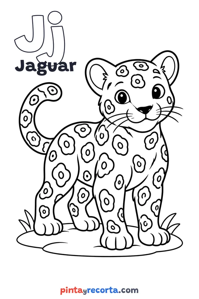 Jaguar coloring page with the letter Jj and the word Jaguar, easy level