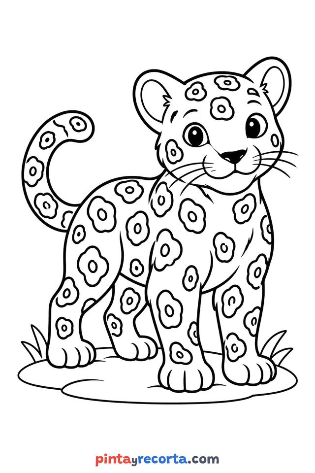 Dibujo de jaguar para colorear de cuerpo completo en pose tranquila, nivel básico con trazos gruesos y áreas grandes