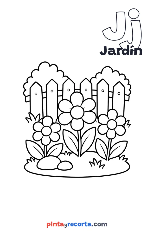 Dibujo de jardín para colorear con la letra Jj y la palabra Jardín, nivel básico