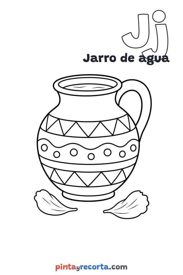 Dibujo de jarro de agua para colorear con la letra Jj y la palabra Jarro de agua, nivel básico