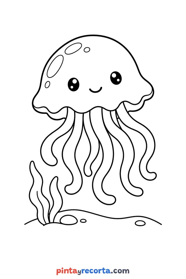 Jellyfish coloring page: floating in the sea next to seaweed, easy level with thick outlines and big spaces
