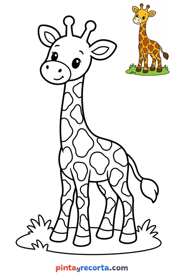 Dibujo de jirafa para colorear con una guía de color en miniatura, nivel básico