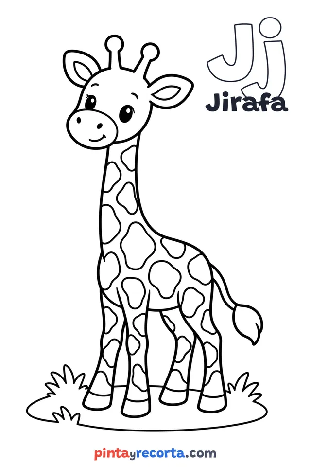 Dibujo de jirafa para colorear con la letra Jj y la palabra Jirafa, nivel básico