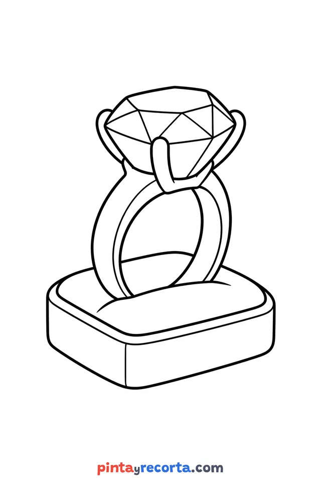 Dibujo de joya para colorear con un anillo de diamante en su estuche, nivel básico con trazos gruesos y áreas grandes