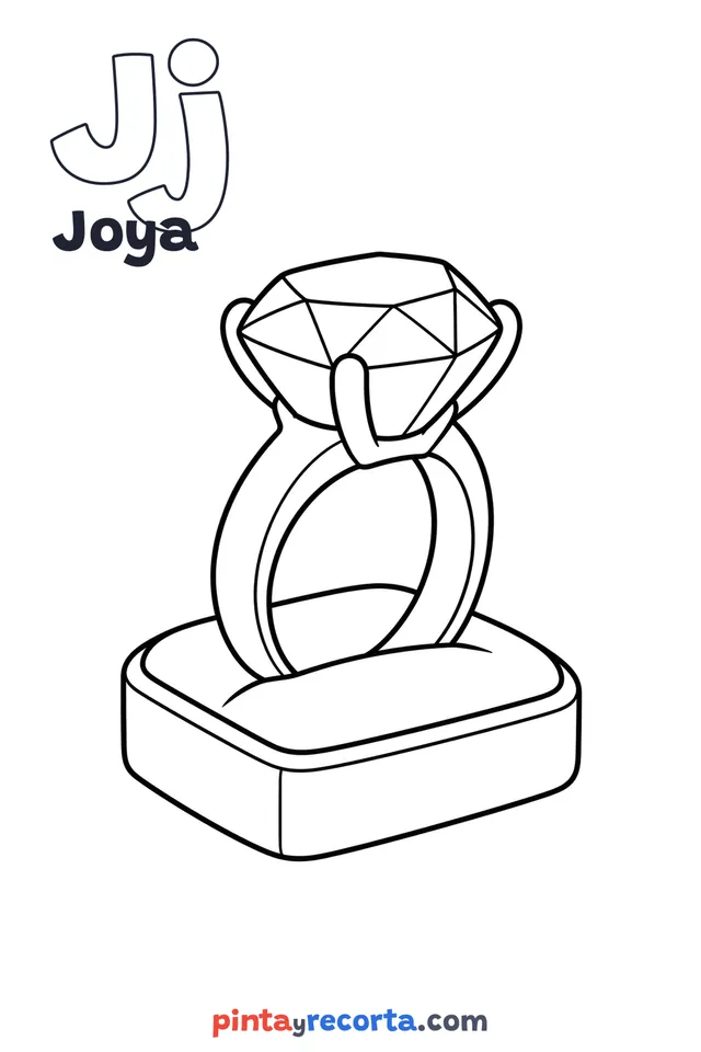 Dibujo de joya para colorear con la letra Jj y la palabra Joya, nivel básico
