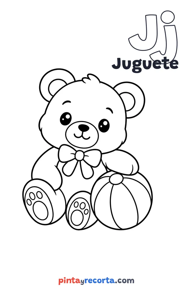 Dibujo de juguete para colorear con la letra Jj y la palabra Juguete, nivel básico
