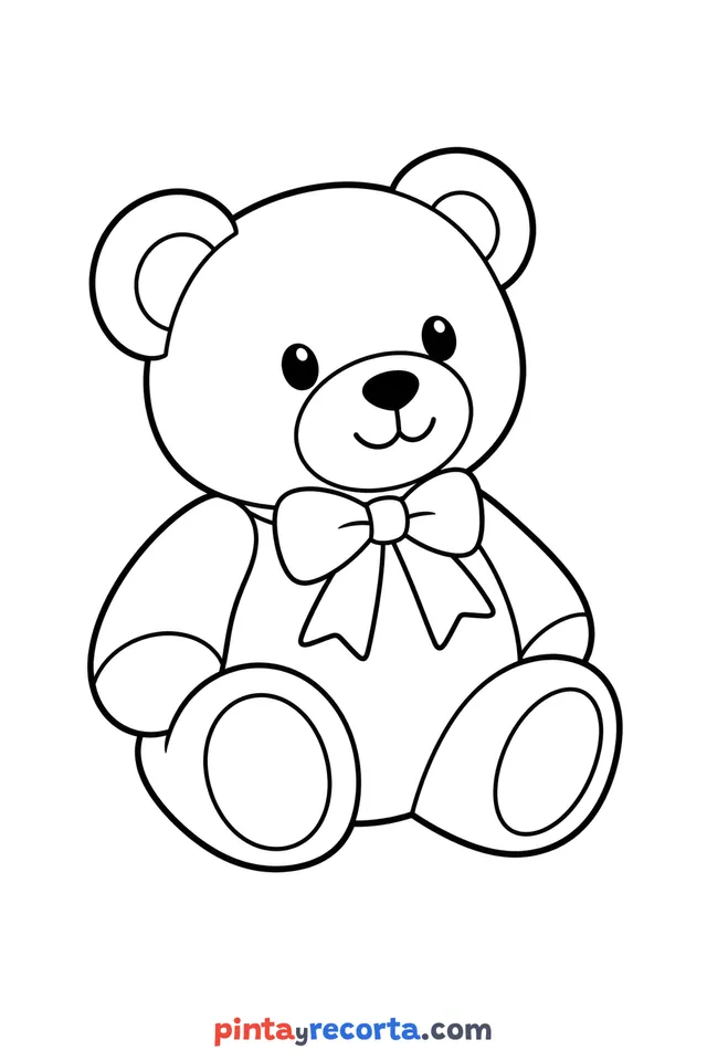 Dibujo de juguete para colorear con un osito de peluche de moño, nivel básico con trazos gruesos y áreas grandes