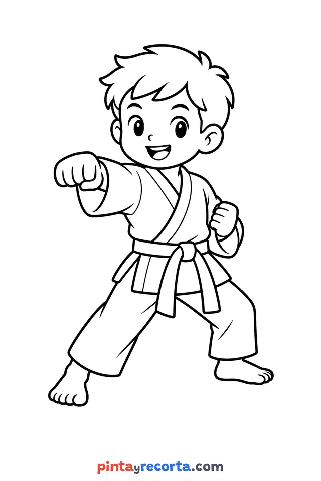 Karate coloring page: throwing a punch in uniform and belt, easy level with thick outlines and big spaces