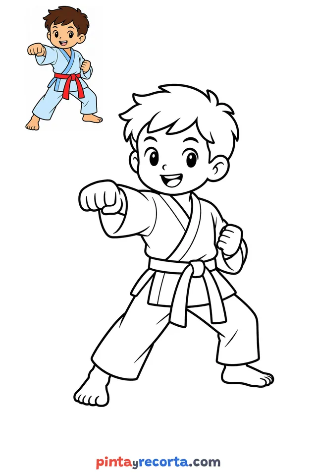 Karate coloring page with a small color guide, easy level