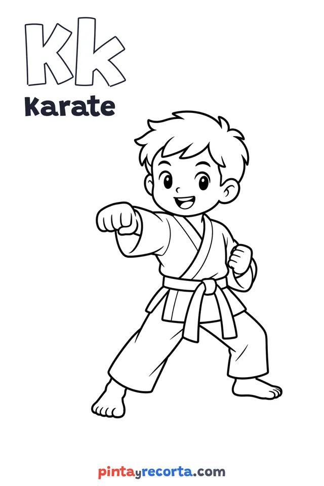 Karate coloring page with the letter Kk and the word Karate, easy level
