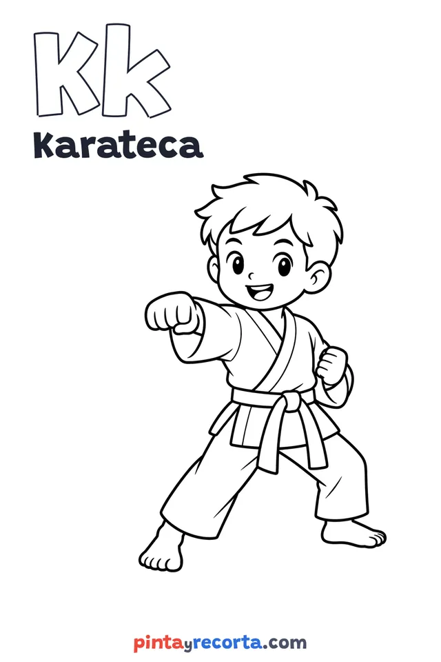 Dibujo de karateca para colorear con la letra Kk y la palabra Karateca, nivel básico